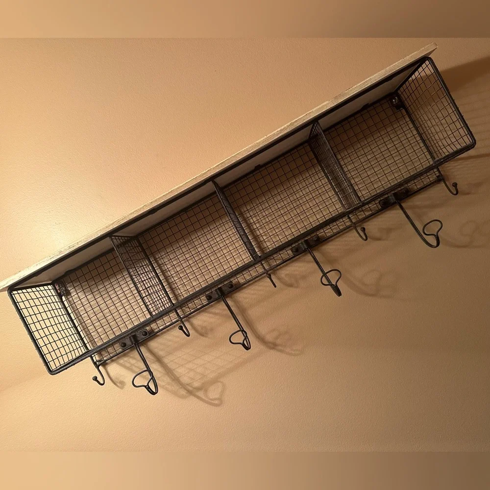 Vintage wood & metal shelf with cubbies and hooks